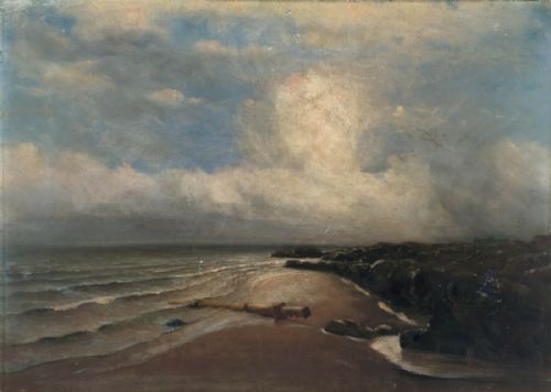 fig 1. Signed M.S. Original 19th Century Framed Oil Painting on Canvas Evening Seascape - Damaged Paintwork