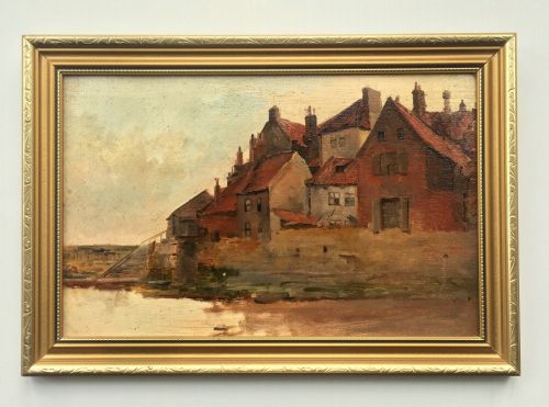 Original Antique Oil Painting on Board View of Tate Hill Pier Whitby, North Yorkshire Coast Seascape