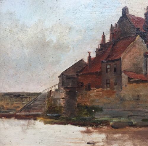 fig 2. Original Antique Oil Painting on Board View of Tate Hill Pier Whitby, North Yorkshire Coast Seascape