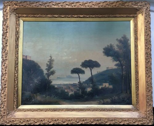 Original 19th Century Antique Oil Painting Canvas Gilt Framed Italian Landscape
