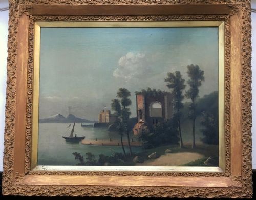Original 19th Century Oil Painting on Canvas Bay of Naples Vesuvius Italy Italian Landscape in Gilt Frame