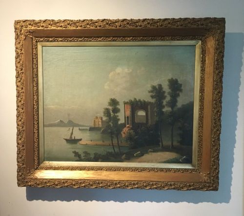 fig 1. Original 19th Century Oil Painting on Canvas Bay of Naples Vesuvius Italy Italian Landscape in Gilt Frame