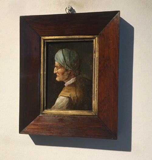 fig 1. Original Continental Style Framed 19th Century Oil Painting on Wooden Panel Portrait of a Gentleman in a Hat