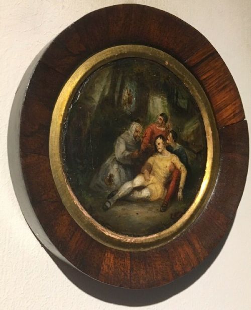 Antique Original Circular Oil Painting on Panel Figures Hiding in a Wooded Landscape Historical Scene