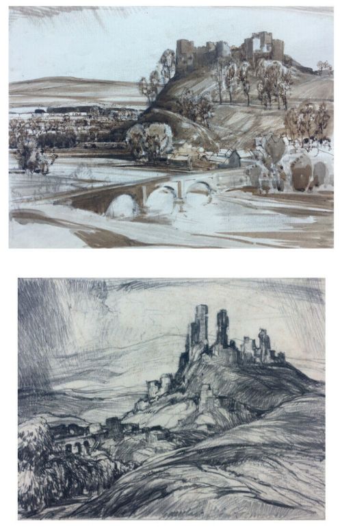 John Charles Moody Signed Original Vintage Artwork Corfe Castle Pencil Sketch & Original Ludlow Watercolour Painting