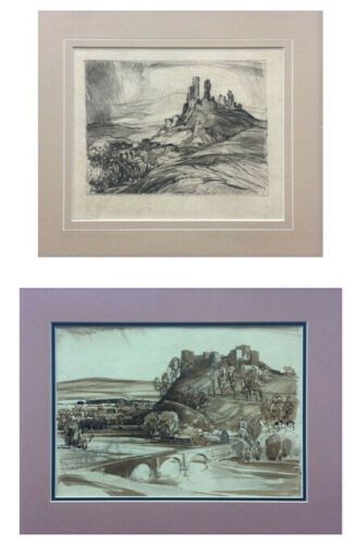 fig 1. John Charles Moody Signed Original Vintage Artwork Corfe Castle Pencil Sketch & Original Ludlow Watercolour Painting
