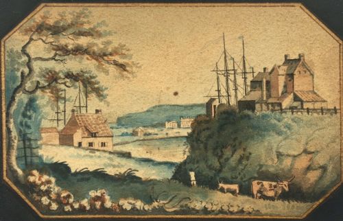 Original Circa Late 18th Century Antique Miniature Watercolour Painting "At Portrack" Teesside Landscape