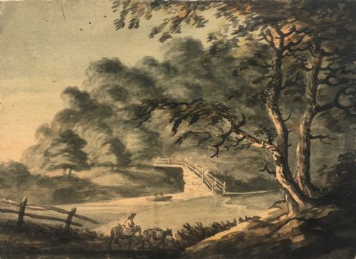 Original Antique Grisaille Watercolour Painting River Landscape Bridge Near Trenant Park Cornwall England