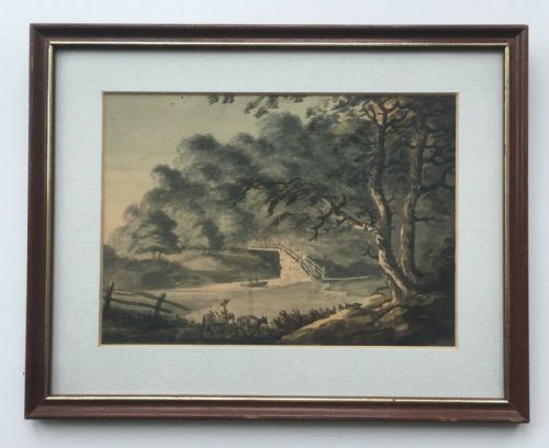 fig 1. Original Antique Grisaille Watercolour Painting River Landscape Bridge near Trenant Park Cornwall England