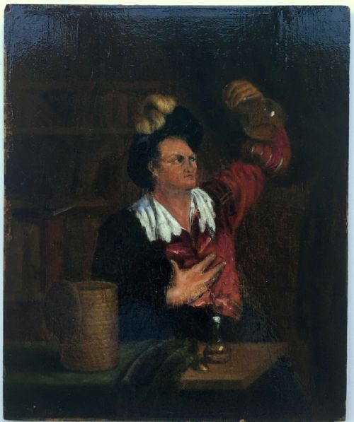 fig 1. Dutch School Original Antique Frame & Oil Painting on Wooden Panel Portrait of Man with a Flask Apothecary Alchemist