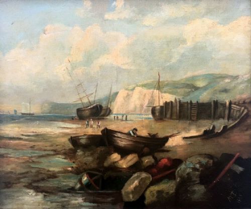 Signed M T Dated 1895 Original Antique Oil Painting on Continental Canvas Stretcher Coastal Seascape with Fishing Boats