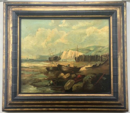fig 1. Signed M T Dated 1895 Original Antique Oil Painting on Continental Canvas Stretcher Coastal Seascape with Fishing Boats