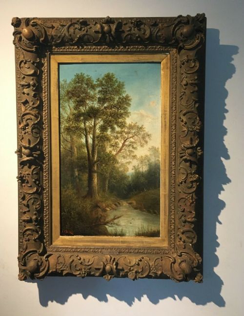 Original Signed 19th Century Antique Oil Painting on Canvas Landscape Woodland River Scene