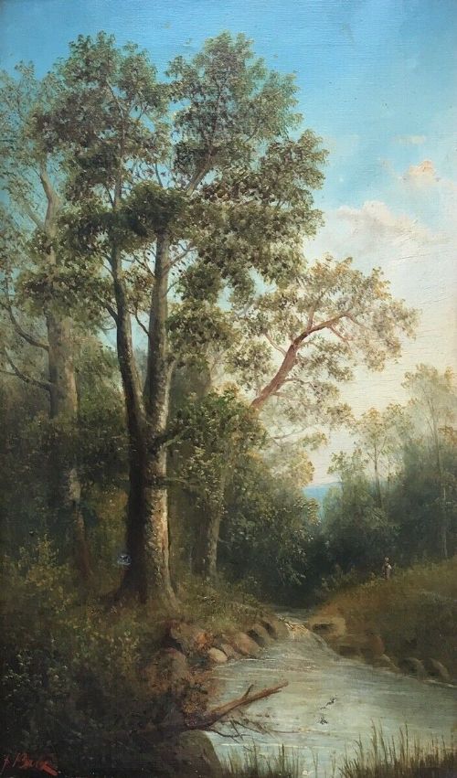 fig 1. Original Signed 19th Century Antique Oil Painting on Canvas Landscape Woodland River Scene