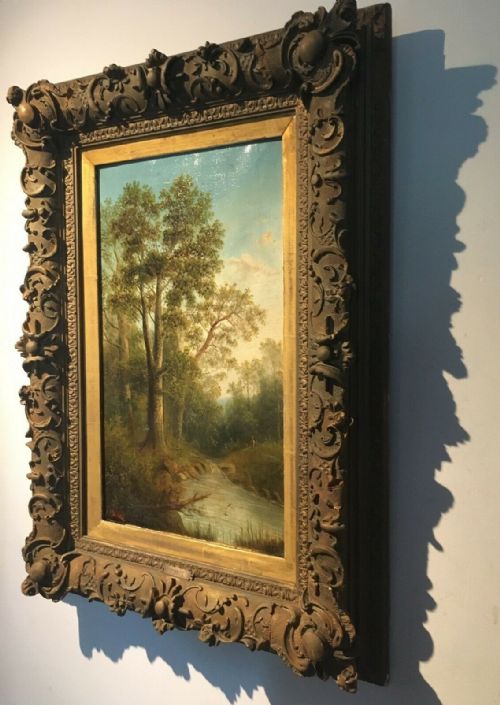 fig 2. Original Signed 19th Century Antique Oil Painting on Canvas Landscape Woodland River Scene