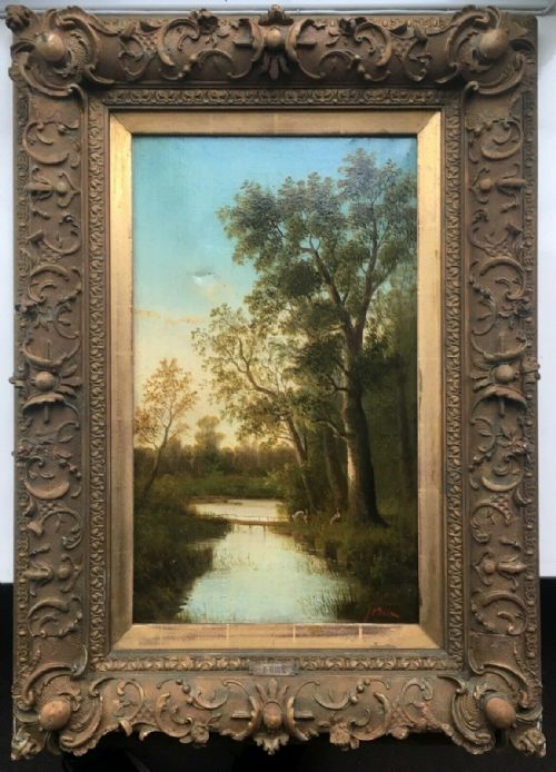 Signed Brix Original 19th Century Antique Oil Painting on Canvas Woodland Landscape & Decorative Frame