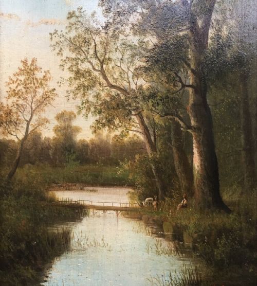 fig 1. Signed Brix Original 19th Century Antique Oil Painting on Canvas Woodland Landscape & Decorative Frame