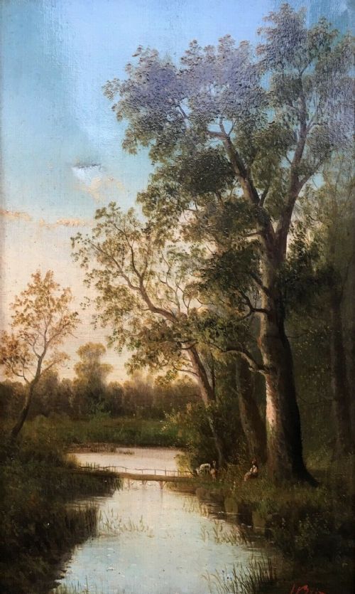 fig 2. Signed Brix Original 19th Century Antique Oil Painting on Canvas Woodland Landscape & Decorative Frame