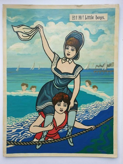 Molly Moss Signed Original Mid 20th Century Pop Art Oil Painting on Board Seaside Girls Titled "Hi! Hi! Little Boys"
