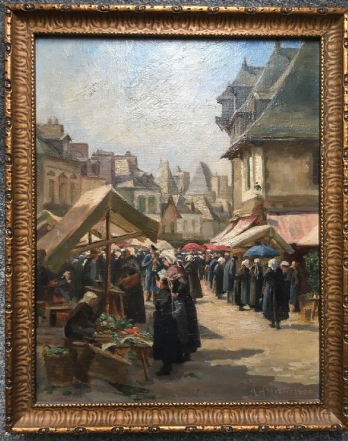 fig 1. Alice Hogarth NICHOLSON Signed Original Early 20th Century Oil Painting on Canvas Italian Market Landscape