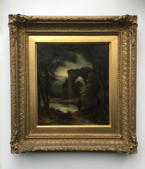 J Hardy 78 Signed Original Antique Oil Painting on Canvas & Frame Newstead Abbey by Moonlight