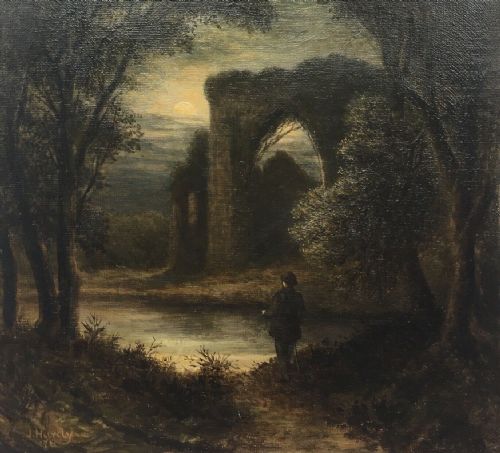 fig 1. J Hardy 78 Signed Original Antique Oil Painting on Canvas & Frame Newstead Abbey by Moonlight