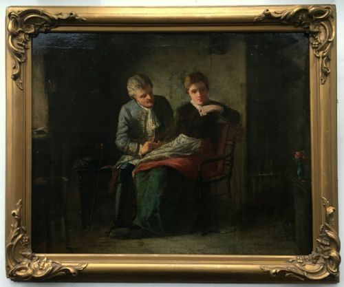 R Craig Signed Scottish School Original 19th Century Antique Oil Painting Proposal Portrait Interior & Figures