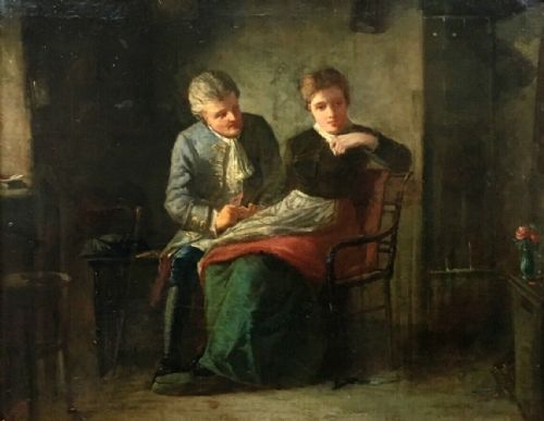 fig 1. R Craig Signed Scottish School Original 19th Century Antique Oil Painting Proposal Portrait Interior & Figures