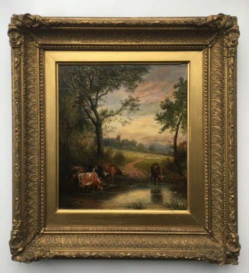 J Hardy 1878 Signed Original Antique Oil Painting in Frame "Shady Corner" Pastoral Cattle Landscape