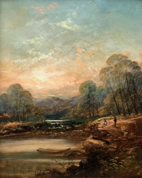 fig 1. S Bentley Signed Original Antique Oil Painting Fishing River Landscape & Figures