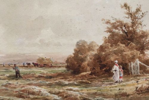 Henry H Parker Signed Original Watercolour Painting Pastoral Harvesting Painting  Christies Label Verso