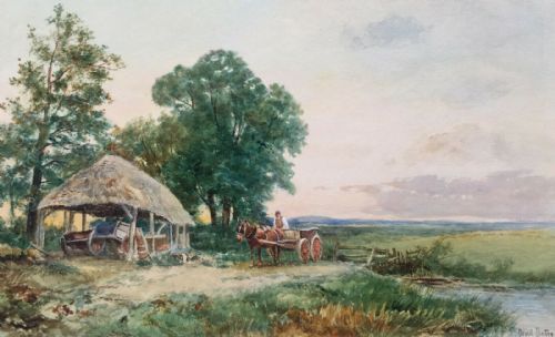 David Bates Signed Original Antique Watercolour Painting Horse & Cart Landscape