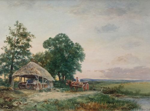 fig 2. David Bates Signed Original Antique Watercolour Painting Horse & Cart Landscape