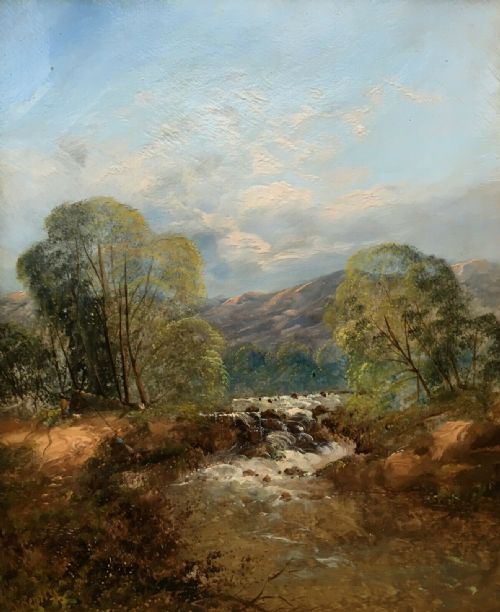 fig 1. S Bentley Signed Original Framed Antique Canvas Oil Painting Fishing River Landscape