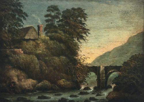 fig 1. Original Early 19th Century Antique Oil Painting on Wood Panel River Landscape Bridge & Angler Dated 1804