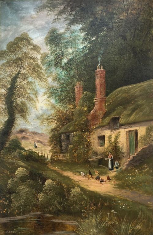 C F Watson Signed Antique Oil Painting Figures Thatched Cottage Rural Landscape