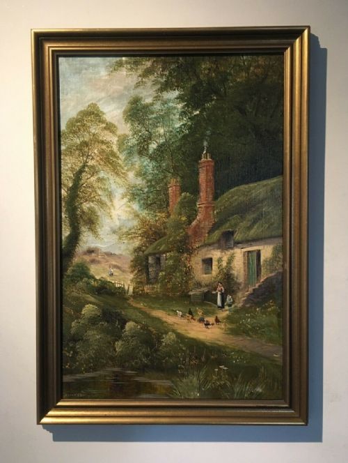 fig 1. C F Watson Signed Antique Oil Painting Figures Thatched Cottage Rural Landscape