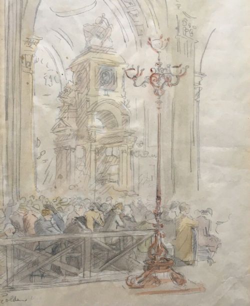 Signed WWII Period Original Watercolour & Pencil Study Painting Titled "Prayers for Peace St Pauls Cathedral 1938"
