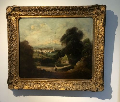 fig 1. Original 19th Century Antique Oil Painting Landscape Figure, Cottage & Mountains