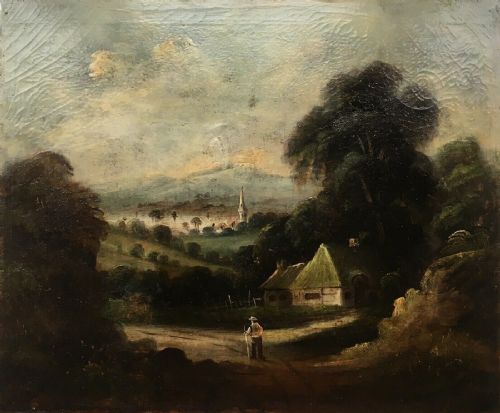 fig 2. Original 19th Century Antique Oil Painting Landscape Figure, Cottage & Mountains