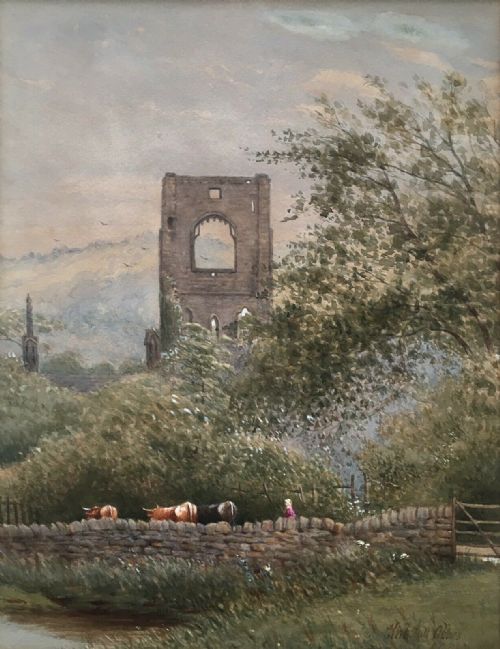 fig 1. Edward C Booth 1888 Signed Original 19th Century Antique Watercolour Painting Kirkstall Abbey, Leeds, Yorkshire