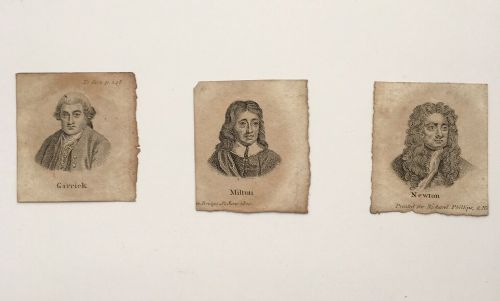 fig 1. 3 x RARE Miniature Antique 1805 Framed Etching Engravings Newton, Milton & Garrick