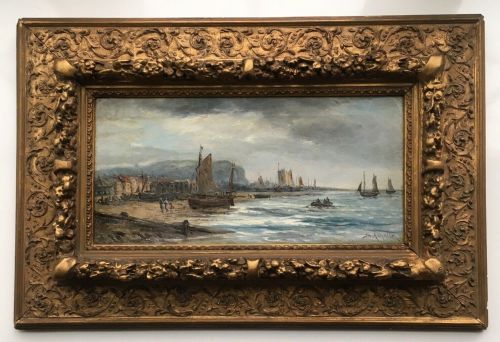 S a Galton Signed 19th Century Original Antique Oil Painting on Canvas Hastings Shipping Seascape in Decorative Gilt Frame