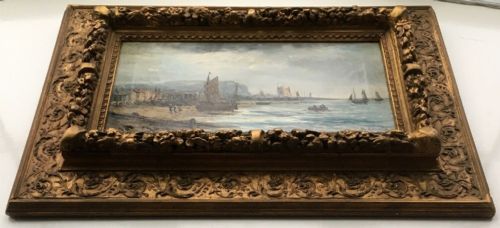 fig 1. S A Galton Signed 19th Century Original Antique Oil Painting on Canvas Hastings Shipping Seascape in Decorative Gilt Frame