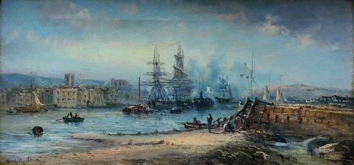 fig 1. S A Galton Signed 19th Century Original Antique Oil Painting Falmouth Shipping Seascape in Decorative Gilt Frame