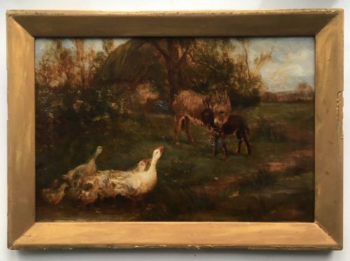 William Henderson of Whitby Original 19th Century Antique Oil Painting on Board Geese & Donkeys Landscape