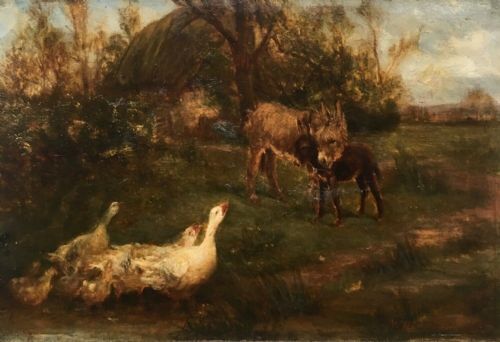 fig 1. WILLIAM HENDERSON OF WHITBY Original 19th Century Antique Oil Painting on Board Geese & Donkeys Landscape