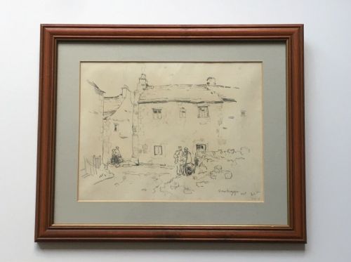Attributed to Fred Lawson Original 1917 Antique Pencil Drawing Titled "Newbiggin" Wensleydale Yorkshire Dales England