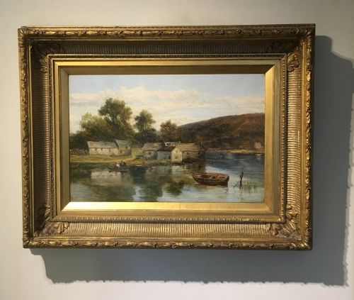 John Holland Senior Signed Original Antique English Oil Painting on Canvas Figures Boating Near a Mill in Large Decorative Frame
