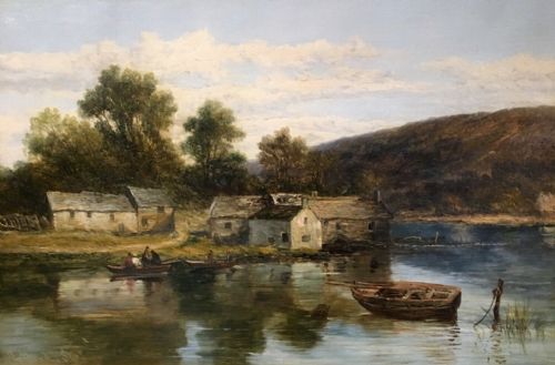 fig 1. JOHN HOLLAND Senior Signed Original Antique English Oil Painting on Canvas Figures Boating Near a Mill in Large Decorative Frame